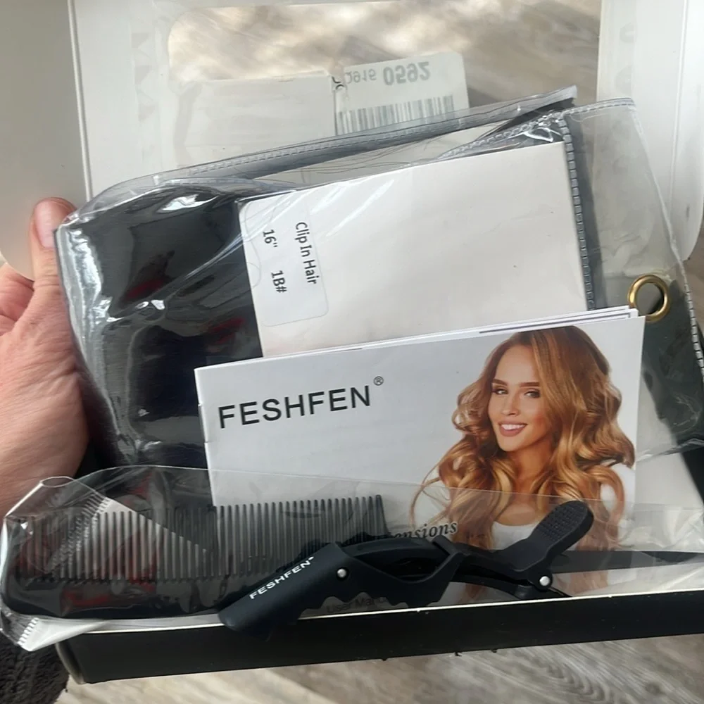FESHFEN Clip in Human Hair Extensions color 1B 7 PCS 16 in 110g NWT
